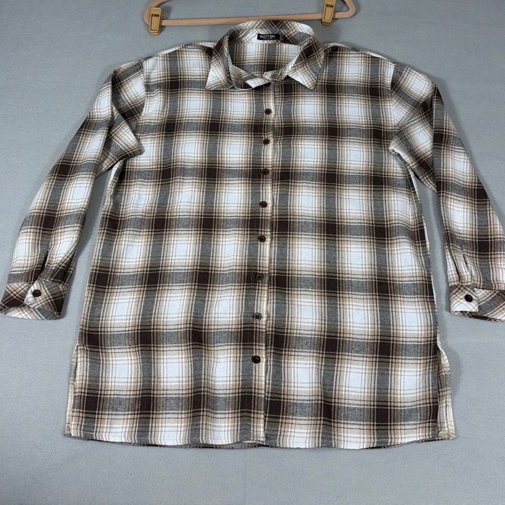 Nasty Gal Collection Womens Plaid Button Down Shirt‎ Brown Tan White Size 8